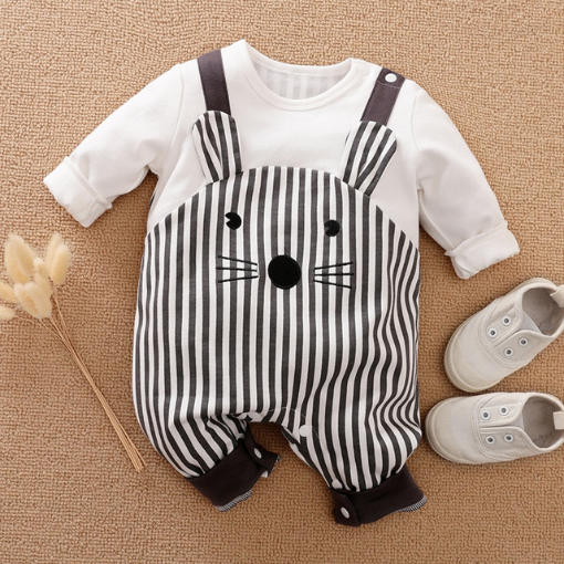 Brown and white striped mouse overall jumpsuit romper for reborn baby boys.