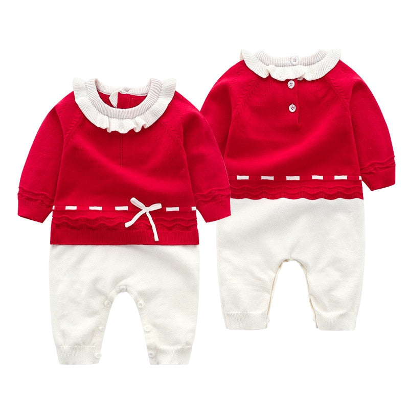 Bella Liv and Maddy Spanish Knitted Baby Rompers in red.