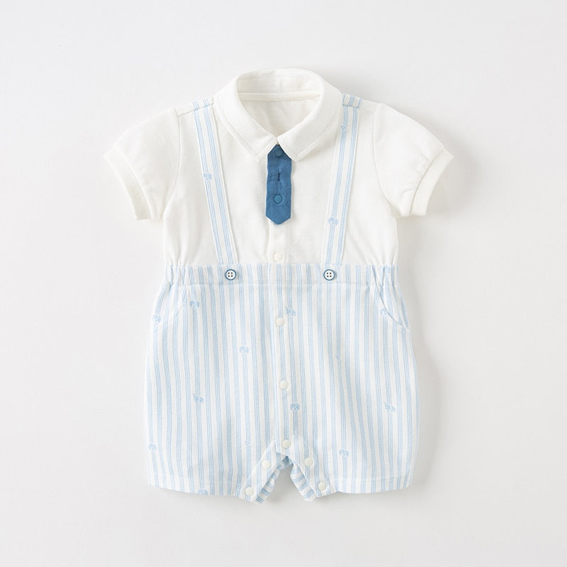 Blue and white striped Spanish and vintage newborn baby romper for boys with faux overall suspenders and a bowtie for reborn dolls.