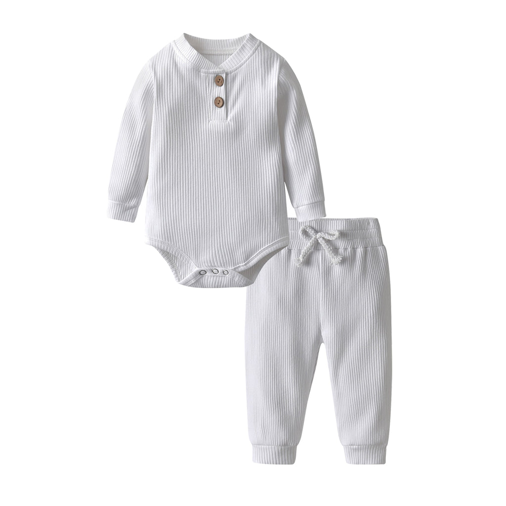 Ivory white ribbed onesie and pant set called The Baby Oliver ribbed jogging suit for reborn baby boys and newborn babies.