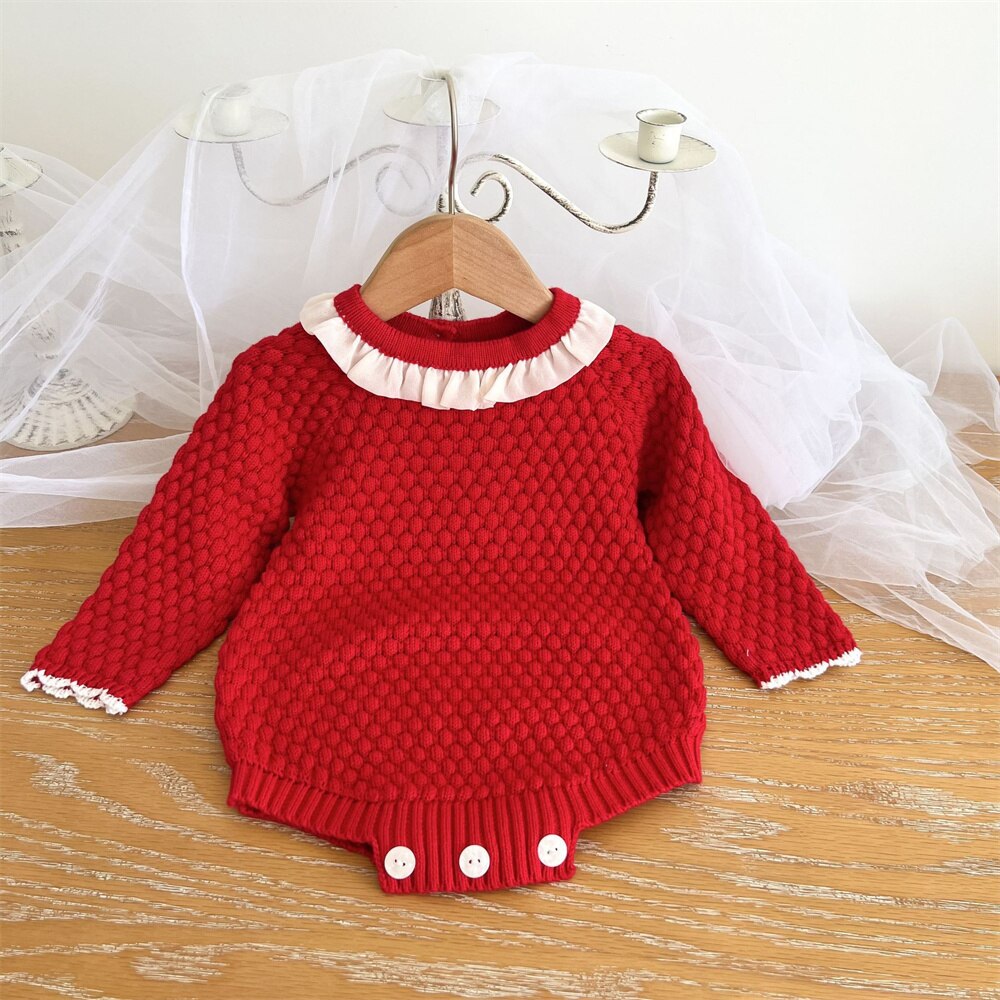 Red long-sleeve knitted bubble romper onesie for reborn baby girls and dolls with lace collar.