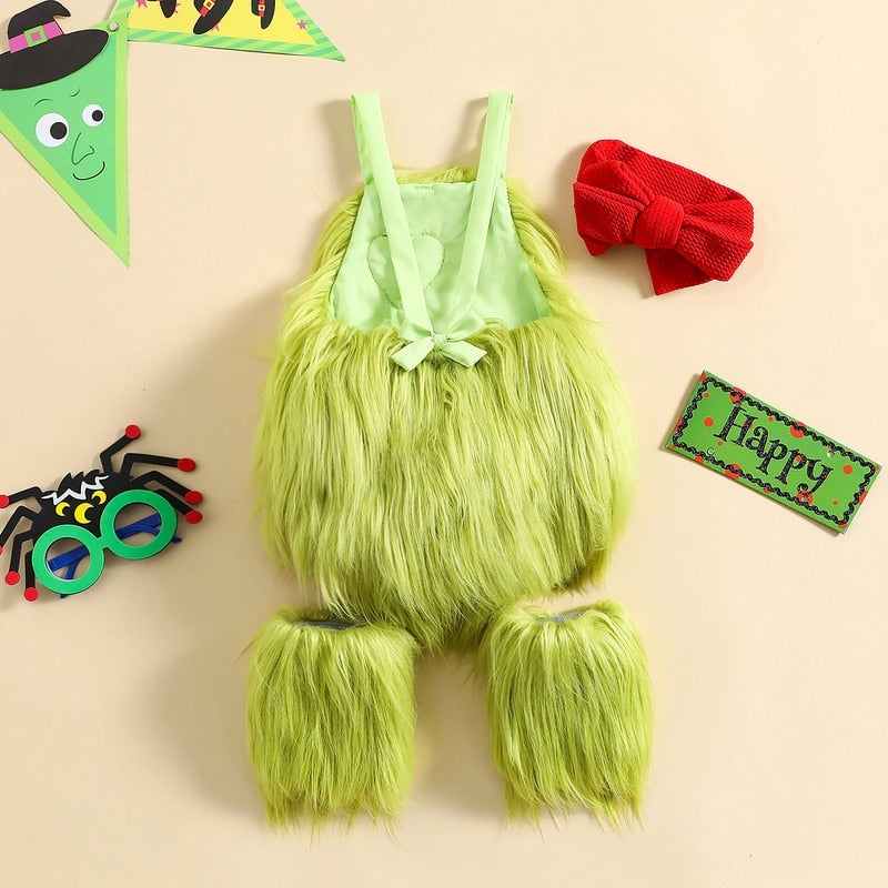 Reborn baby grinch halloween costume outfit three piece set. Can be worn by newborns as well.