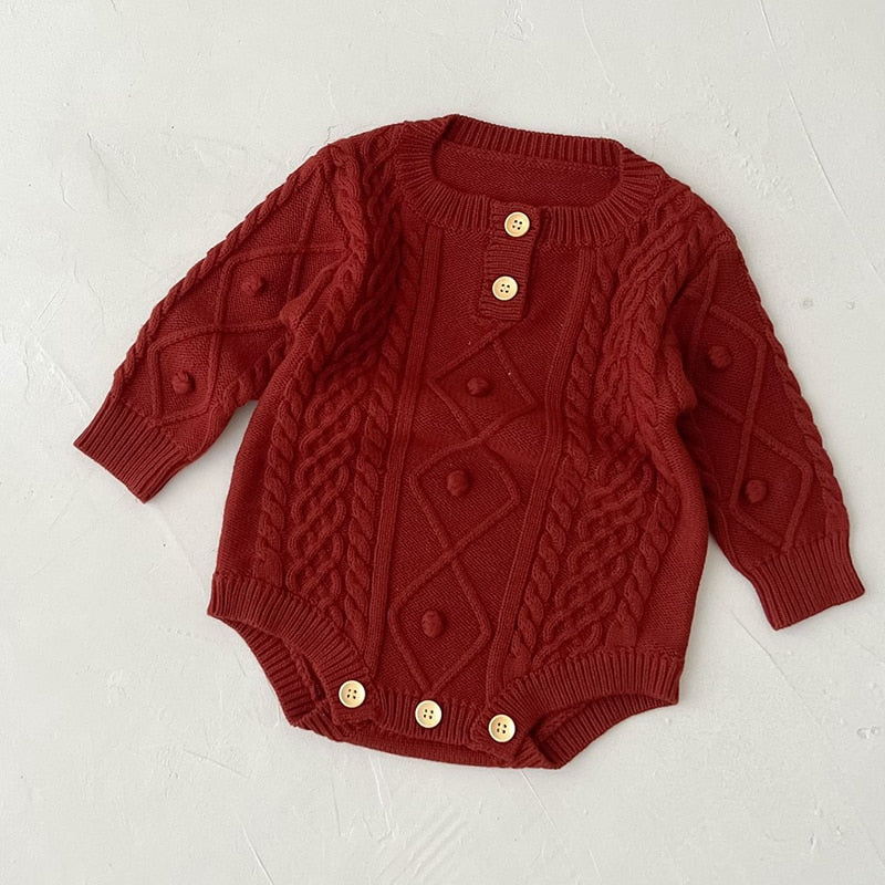 Brick red long-sleeve single-breasted knitted onesie for babies and reborn dolls. Unisex.