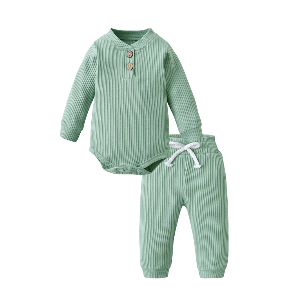 Mint green ribbed onesie and pant set called The Baby Oliver ribbed jogging suit for reborn baby boys and newborn babies.