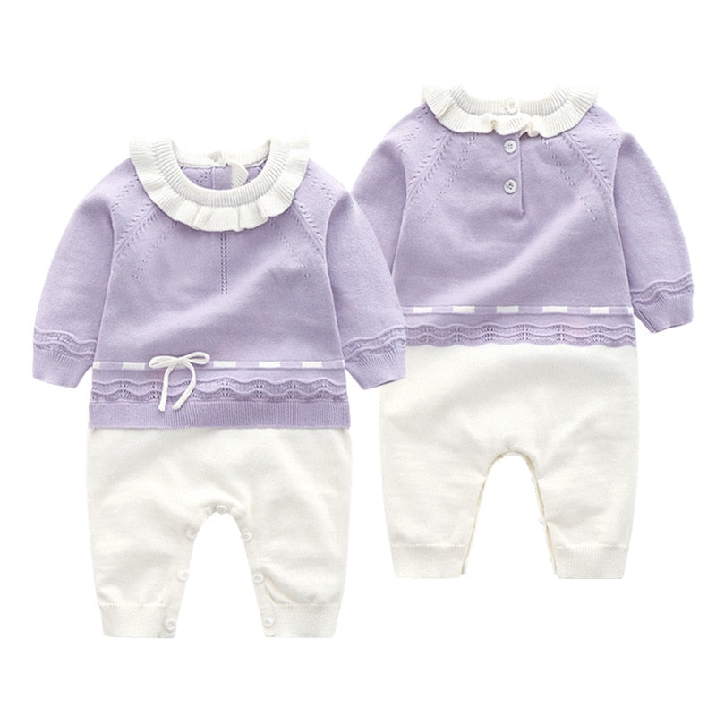 Bella Liv and Maddy Spanish Knitted Baby Rompers in lilac purple.