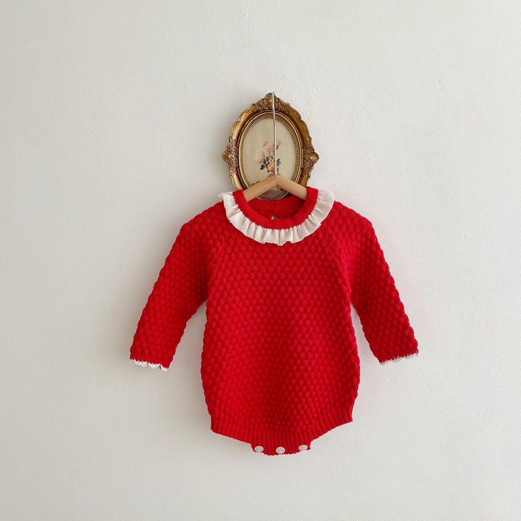 Red long-sleeve knitted bubble romper onesie for reborn baby girls and dolls with lace collar.