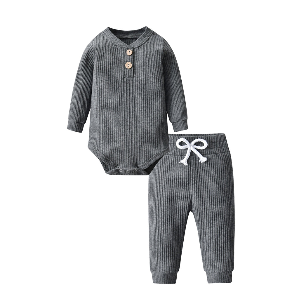 Dark grey ribbed onesie and pant set called The Baby Oliver ribbed jogging suit for reborn baby boys and newborn babies.
