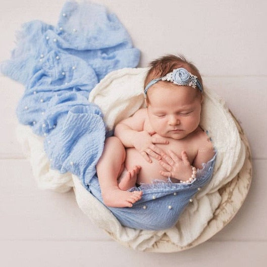 Light blue pearl raw edge newborn photography muslin swaddle wrap for reborn baby dolls.
