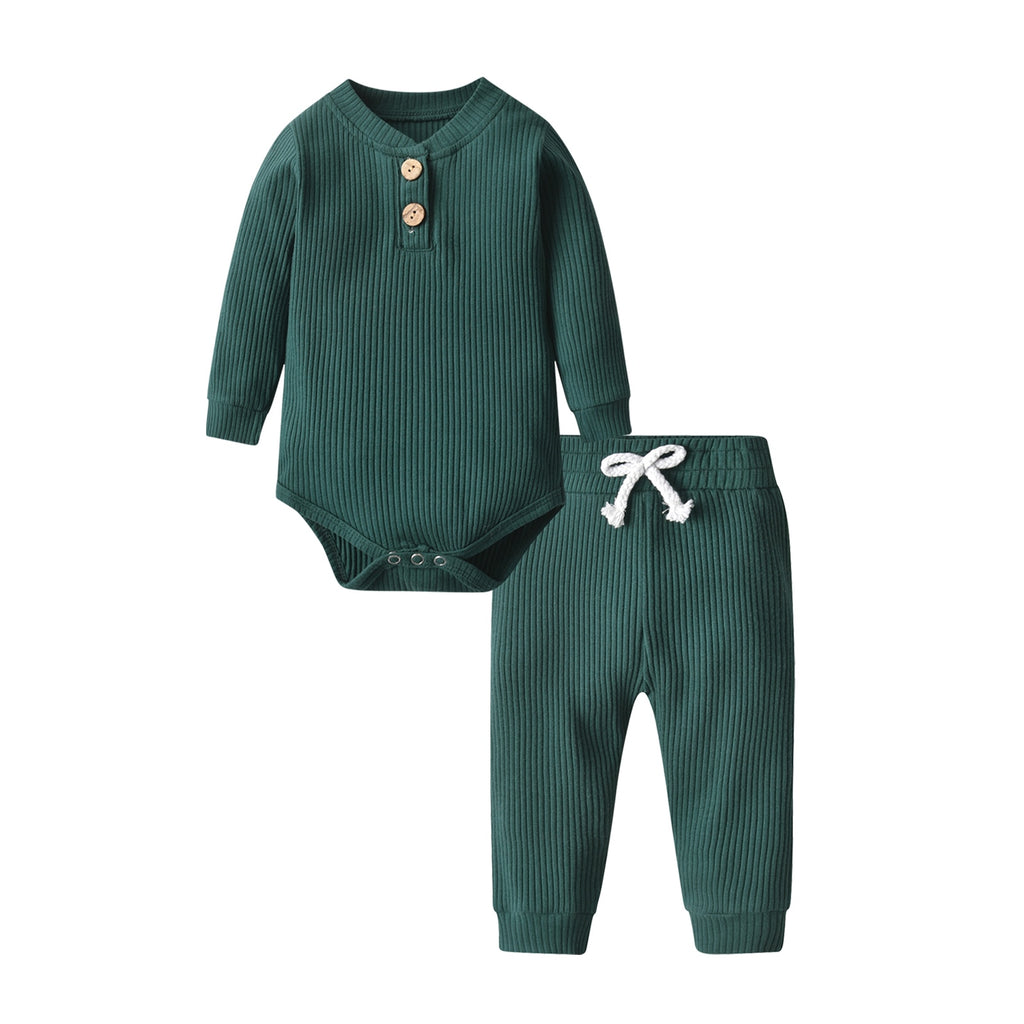 Forest green ribbed onesie and pant set called The Baby Oliver ribbed jogging suit for reborn baby boys and newborn babies.