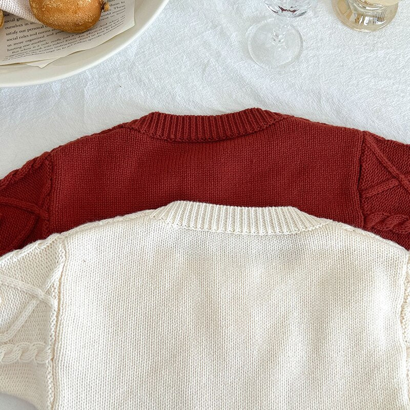 White and brick red long-sleeve single-breasted knitted onesies for babies and reborn dolls. Unisex.