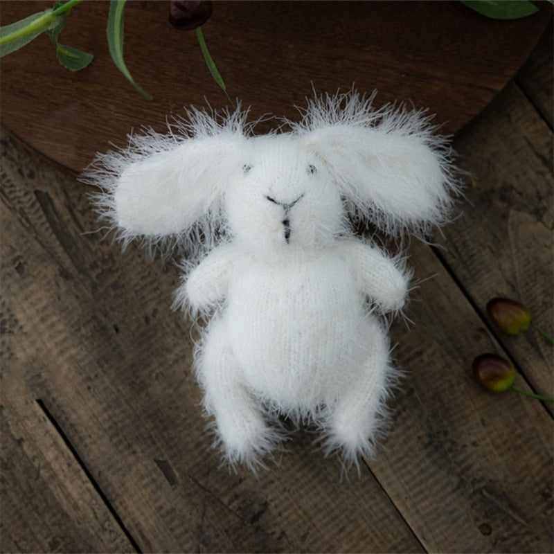 Ivory white mohair hand knitted bunny rabbit stuffed toy for newborn photography props or toys for reborn baby dolls.