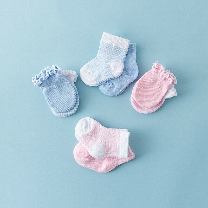 15", 16", 17", 18", 19", 20" and 21" reborn doll clothing - anti scratch mittens and socks in solid blue and pink, and blue and white / pink and white stripes. Preemie and newborn size reborns.