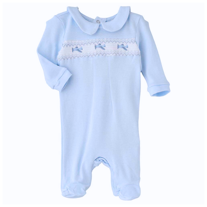 Baby blue and white Spanish Vintage Rock a Bye Baby smocked cotton footed romper pyjama sleep suit with airplanes for newborn baby boys, babies, and reborn dolls.
