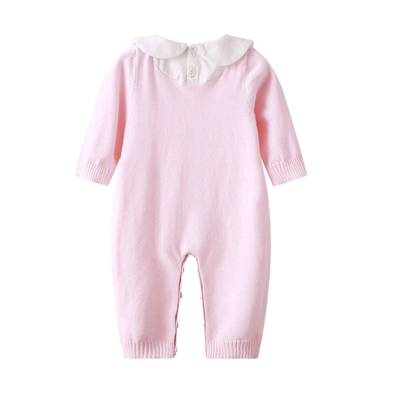 The Alexandre and Sophia Spanish Knitted Romper with Peter Pan collars in pink with a white collar, and blue with a white collar. For reborn doll twins, toddlers, and babies.