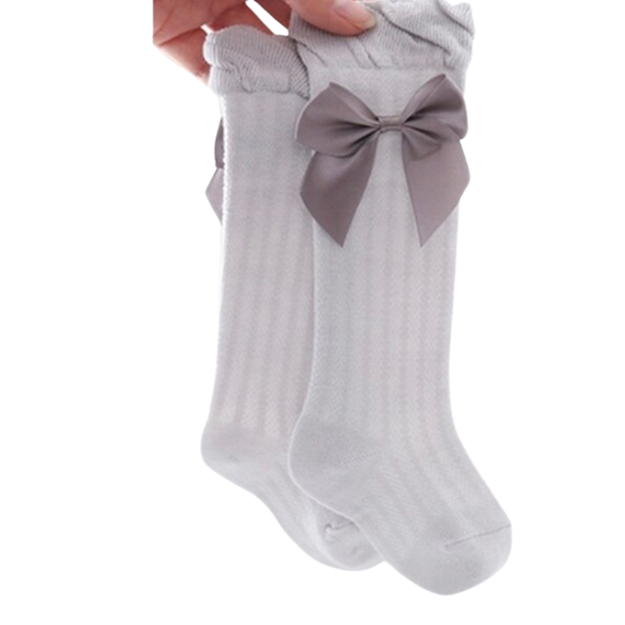 Grey Spanish baby girl knee-high socks with silk bows for reborn baby girls and dolls.