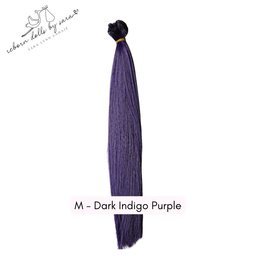 Dark indigo purple synthetic doll hair for rooting reborn dolls, Blythe Dolls, BJD Dolls, and alternative reborns such as Chucky dolls, Annabelle, Grinch babies, Alien reborns, Avatar reborn babies etc.
