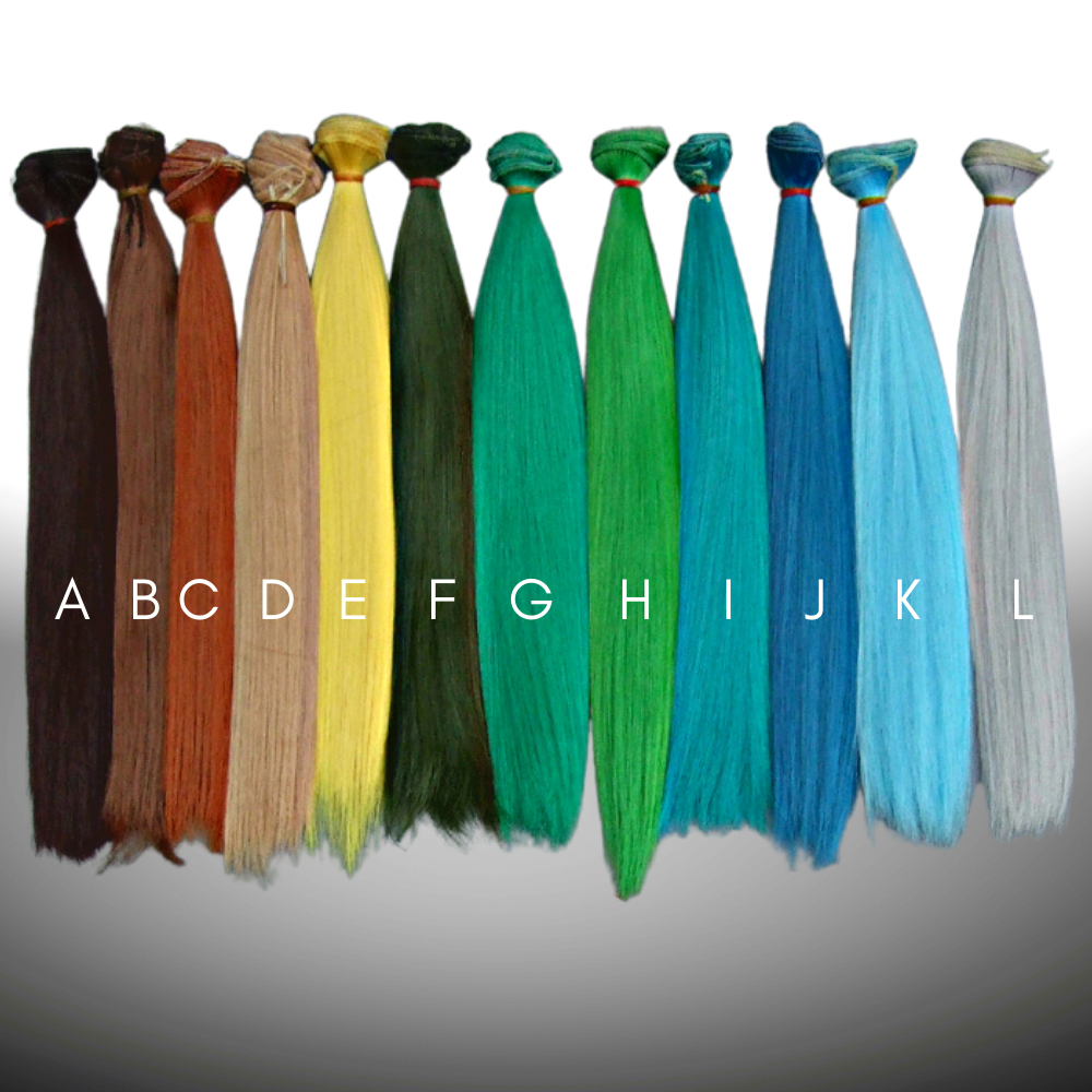 Brown, green, blond, yellow, blue, grey, purple, orange, red, pastel purple, pink, pastel pink, orange and white synthetic doll hair on wefts for alternative reborn dolls, such as the Grinch, Chucky, Annabelle, Avatars, Aliens, Monkeys, Pennywise, animal creatures, etc.