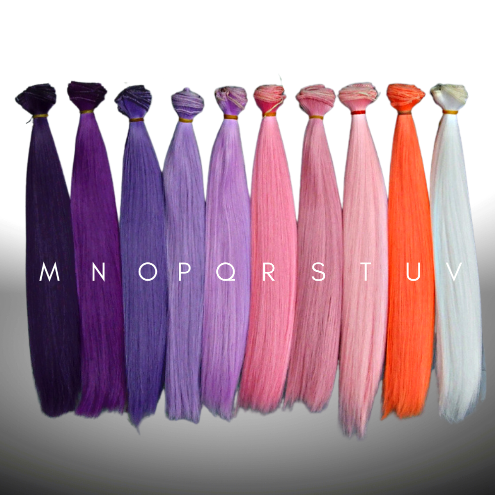 Brown, green, blond, yellow, blue, grey, purple, orange, red, pastel purple, pink, pastel pink, orange and white synthetic doll hair on wefts for alternative reborn dolls, such as the Grinch, Chucky, Annabelle, Avatars, Aliens, Monkeys, Pennywise, animal creatures, etc.