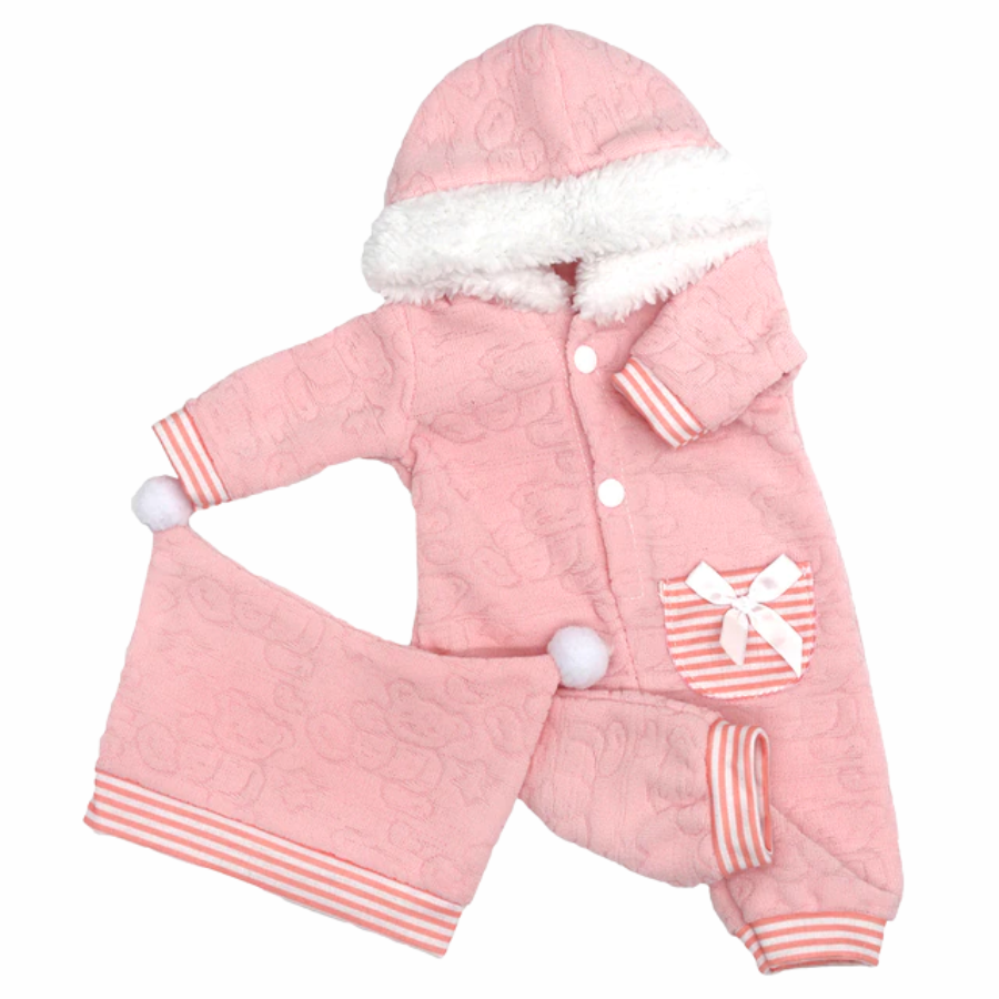 Pink Harlequin not Harley Quinn reborn doll ensemble. Terry cloth romper with embroidered teddy bears and stars, fleece lined hood, and jester style harlequin hat with pompoms. Best for American Girl Dolls, Baby Alive, Babyborn, Berenguer babies, and small reborns.