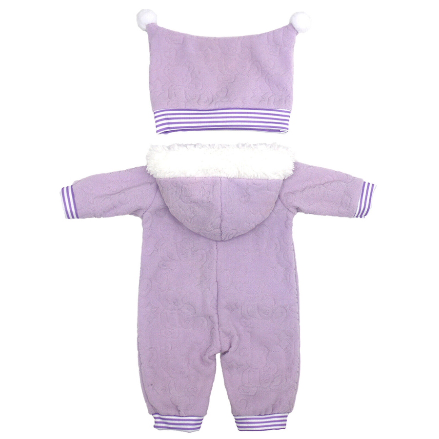 Back of a purple Harlequin not Harley Quinn reborn doll ensemble. Terry cloth romper with embroidered teddy bears and stars, fleece lined hood, and jester style harlequin hat with pompoms. Best for American Girl Dolls, Baby Alive, Babyborn, Berenguer babies, and small reborns.