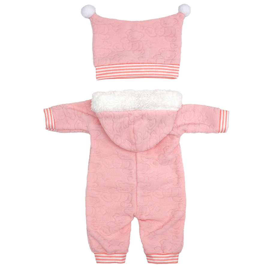 Back of a pink Harlequin not Harley Quinn reborn doll ensemble. Terry cloth romper with embroidered teddy bears and stars, fleece lined hood, and jester style harlequin hat with pompoms. Best for American Girl Dolls, Baby Alive, Babyborn, Berenguer babies, and small reborns.