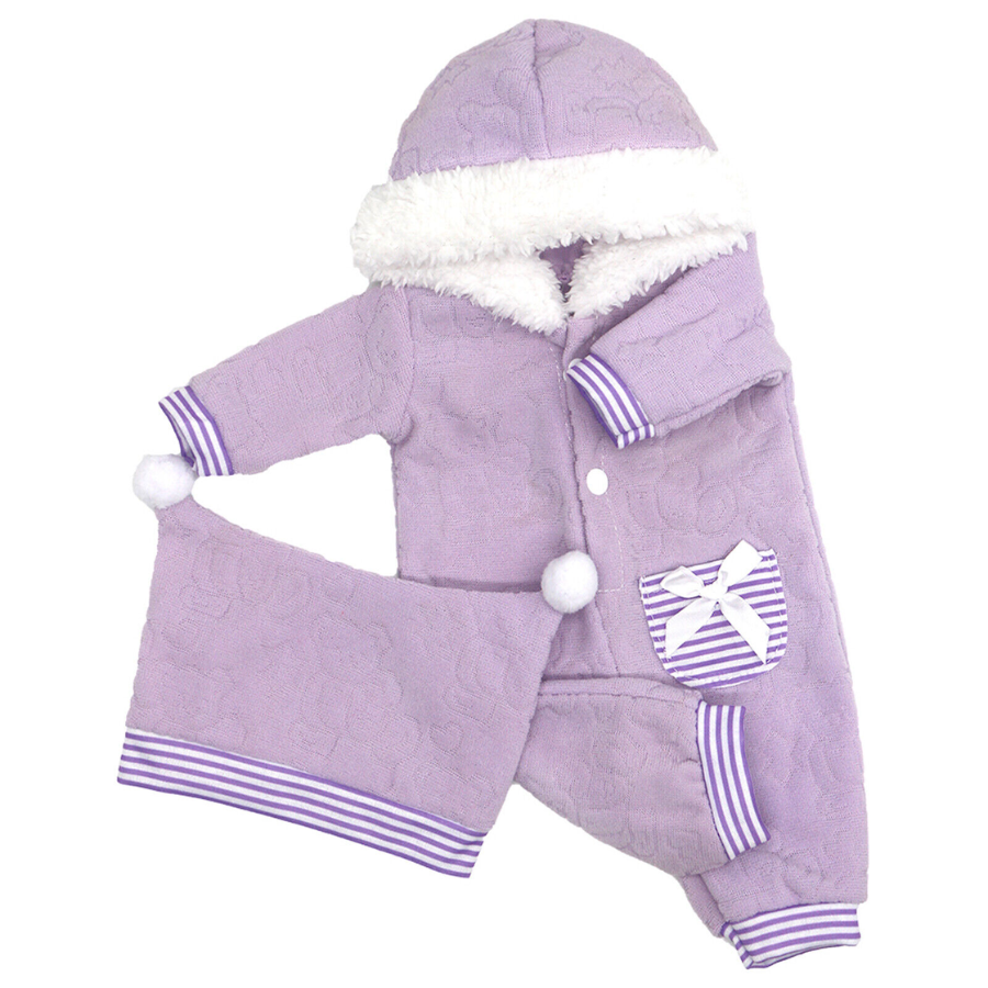Purple Harlequin not Harley Quinn reborn doll ensemble. Terry cloth romper with embroidered teddy bears and stars, fleece lined hood, and jester style harlequin hat with pompoms. Best for American Girl Dolls, Baby Alive, Babyborn, Berenguer babies, and small reborns.