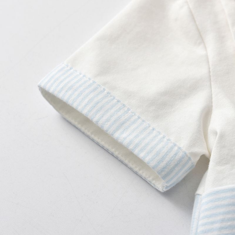 Close-up of the sleeve trim which is baby blue and white striped on the White and baby blue striped Spanish Baby Bubble Romper for Reborn Dolls with a Peter Pan Collar.