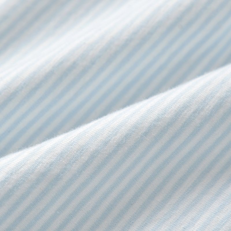 Close-up of the material on the White and baby blue striped Spanish Baby Bubble Romper for Reborn Dolls with a Peter Pan Collar.