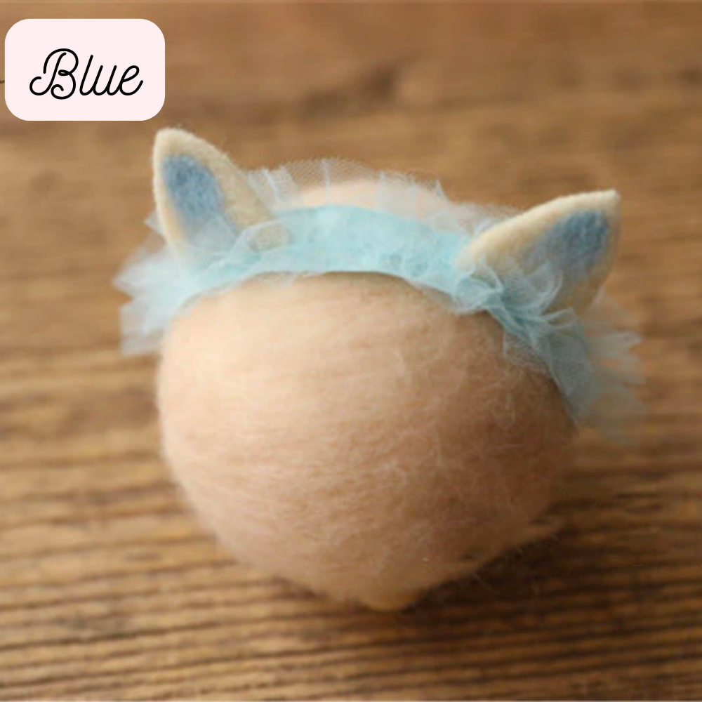Blue and white cat headband with tulle around headband for newborn photography, reborn dolls, baby girls, reborns, cuddle babies and baby boys.