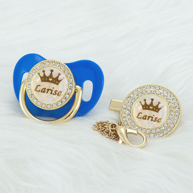 Royal blue Colourful Prince and Princess Custom Pacifiers with baby's name and gold chain with rhinestone Pacifier Clips for reborn dolls and newborn babies.