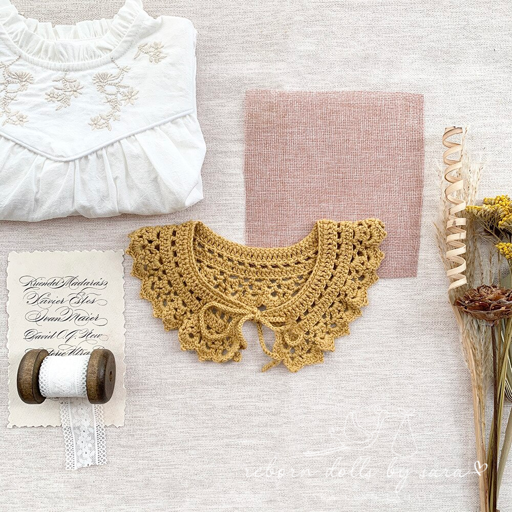 Mustard Yellow Vintage Spanish Baby clothing crochet lace collar for baby girls and reborn dolls.