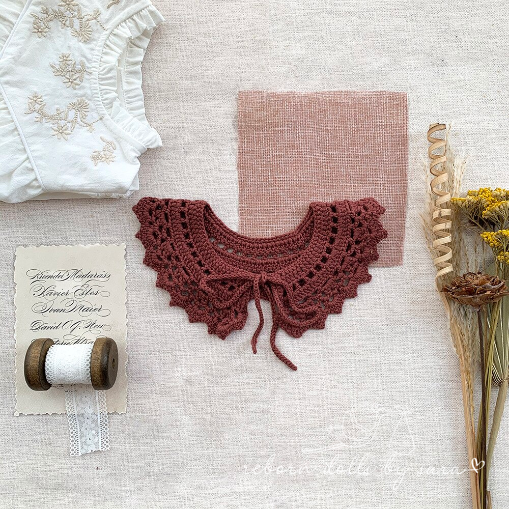Burgundy Vintage Spanish Baby clothing crochet lace collar for baby girls and reborn dolls.