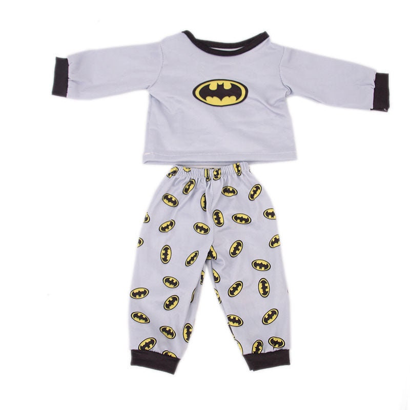 Grey and black Batman Pyjamas pjs two piece outfit sets for miniature and preemie Reborn Baby Boys, Small Dolls, American girl dolls, our generation, cabbage patch dolls, Baby Alive, Baby Born, Cabbage Patch Kids, and small stuffed animals.
