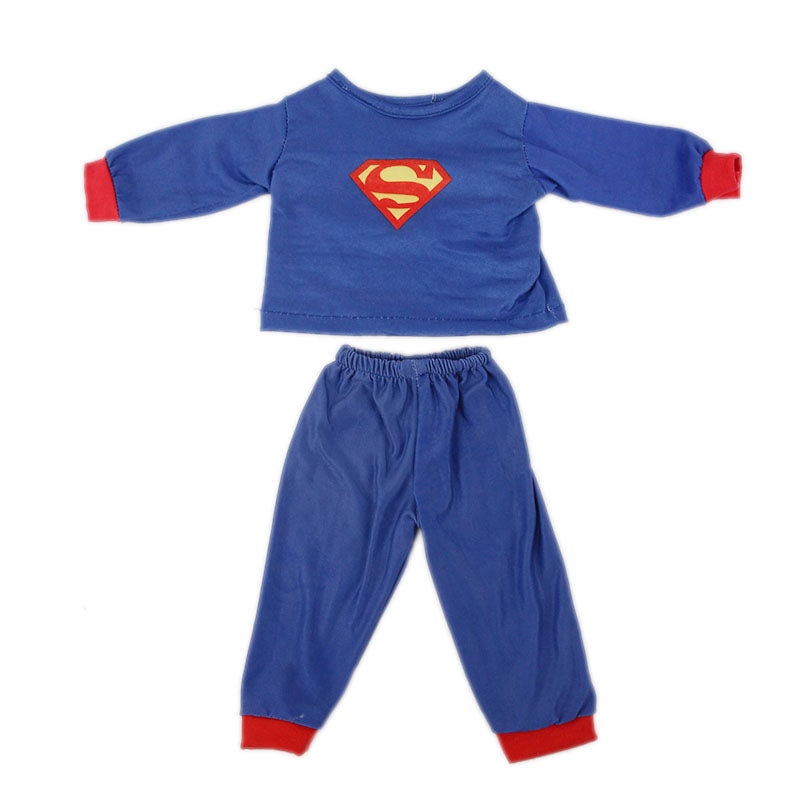 Blue and red Superman Pyjamas pjs two piece outfit sets for miniature and preemie Reborn Baby Boys, Small Dolls, American girl dolls, our generation, cabbage patch dolls, Baby Alive, Baby Born, Cabbage Patch Kids, and small stuffed animals.