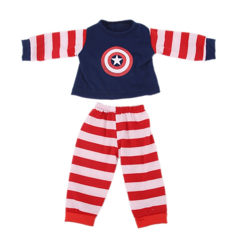 Navy blue red Captain America Pyjamas pjs two piece outfit sets for miniature and preemie Reborn Baby Boys, Small Dolls, American girl dolls, our generation, cabbage patch dolls, Baby Alive, Baby Born, Cabbage Patch Kids, and small stuffed animals.