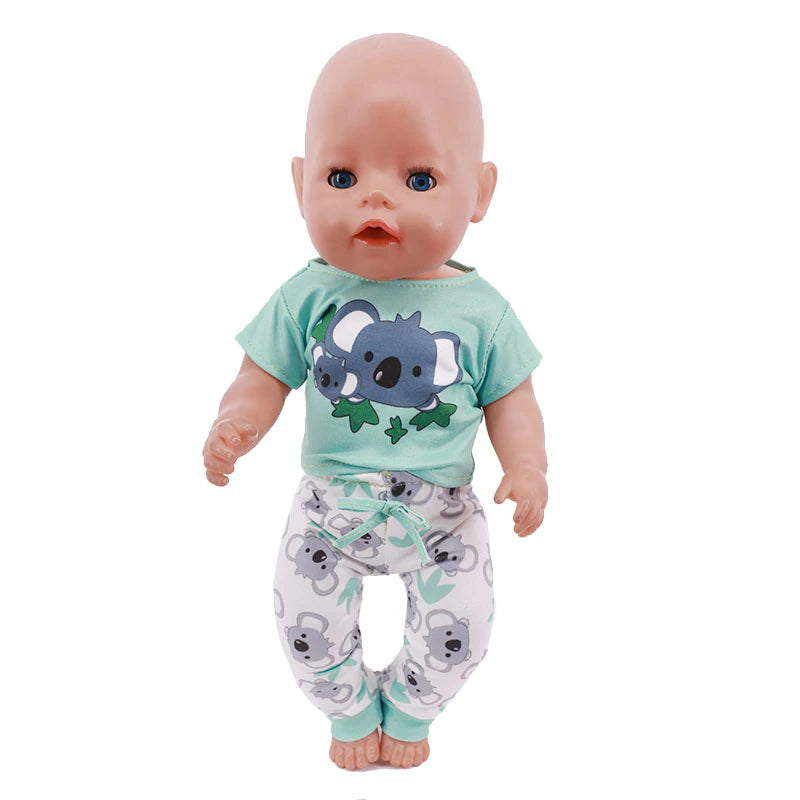 Mint green and white koala bear Preemie and small doll pyjamas for micro and mini reborn dolls up to 17" in height, Berenguer babies, American Girl Dolls, Baby Alive, Baby Born, Tink, Twin A, Twin B, Delilah, etc.