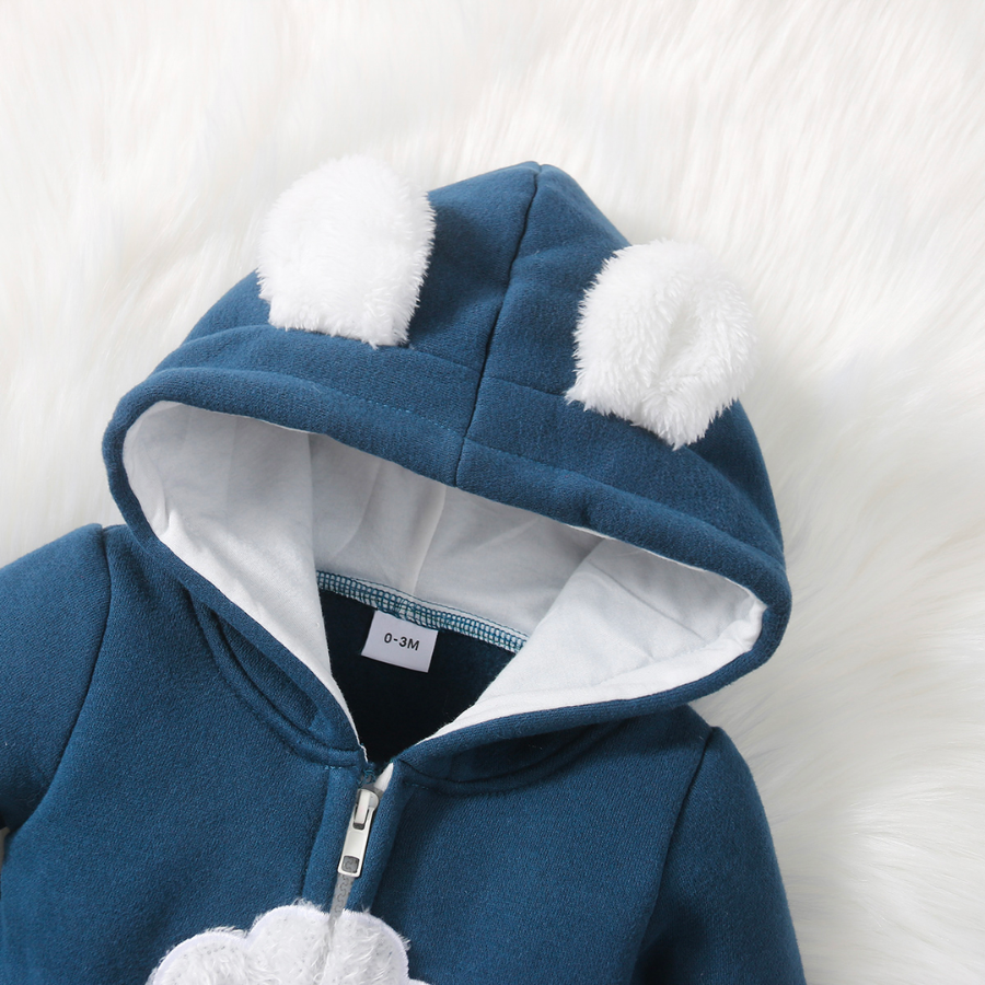 Navy Blue Head in the Clouds hooded zip-up cotton baby romper for reborn dolls.