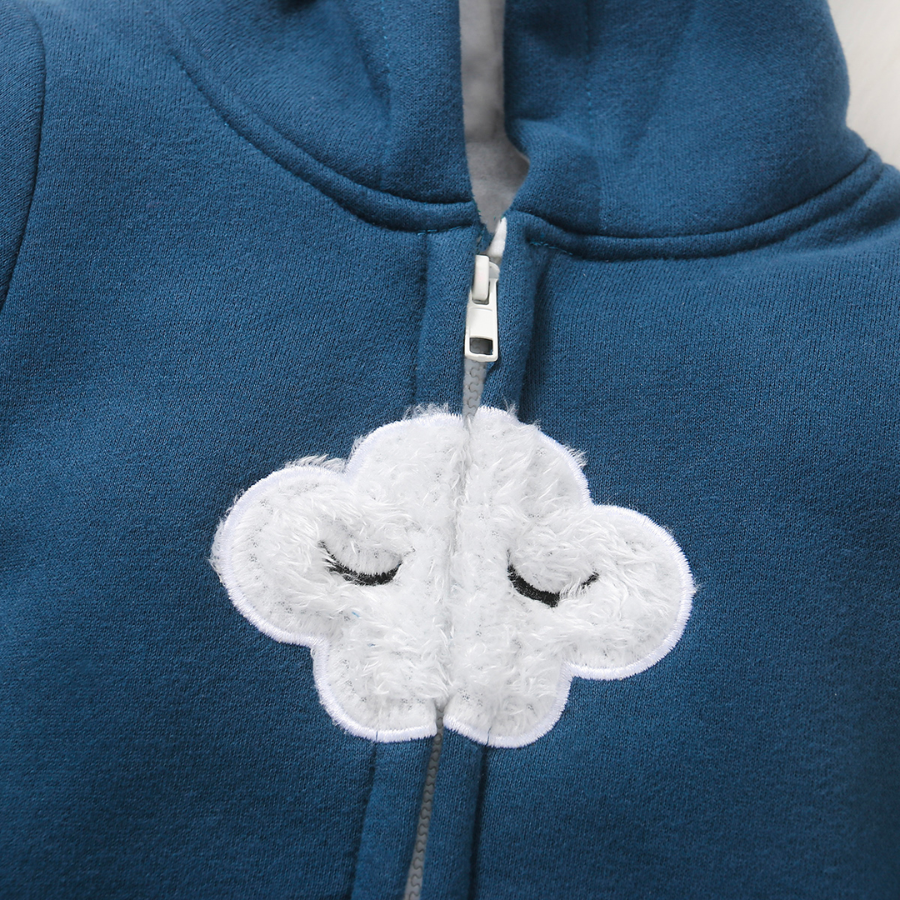 Navy Blue Head in the Clouds hooded zip-up cotton baby romper for reborn dolls.