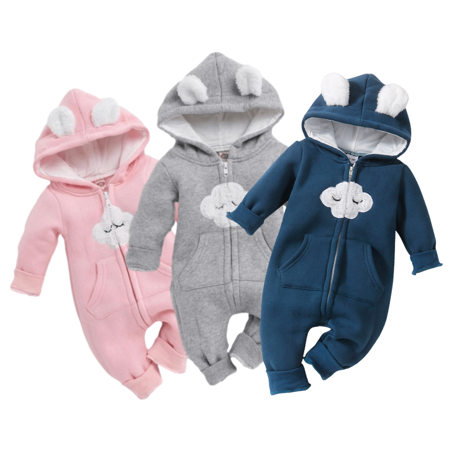 Head in the Clouds hooded zip-up cotton baby romper for reborn dolls.
