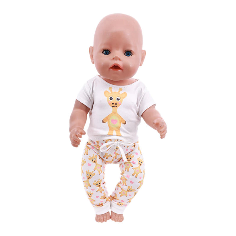 White giraffe print Preemie and small doll pyjamas for micro and mini reborn dolls up to 17" in height, Berenguer babies, American Girl Dolls, Baby Alive, Baby Born, Tink, Twin A, Twin B, Delilah, etc.