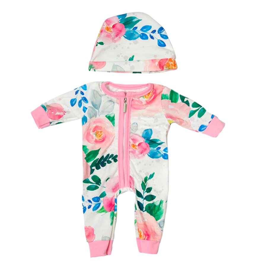 White long-sleeve boho floral romper with pink roses and blue and green leaves on it, pink trim, and a matching hat. Great for small dolls such as Baby Borns, Baby Alives, Berenguer Babies, and mini reborn dolls.