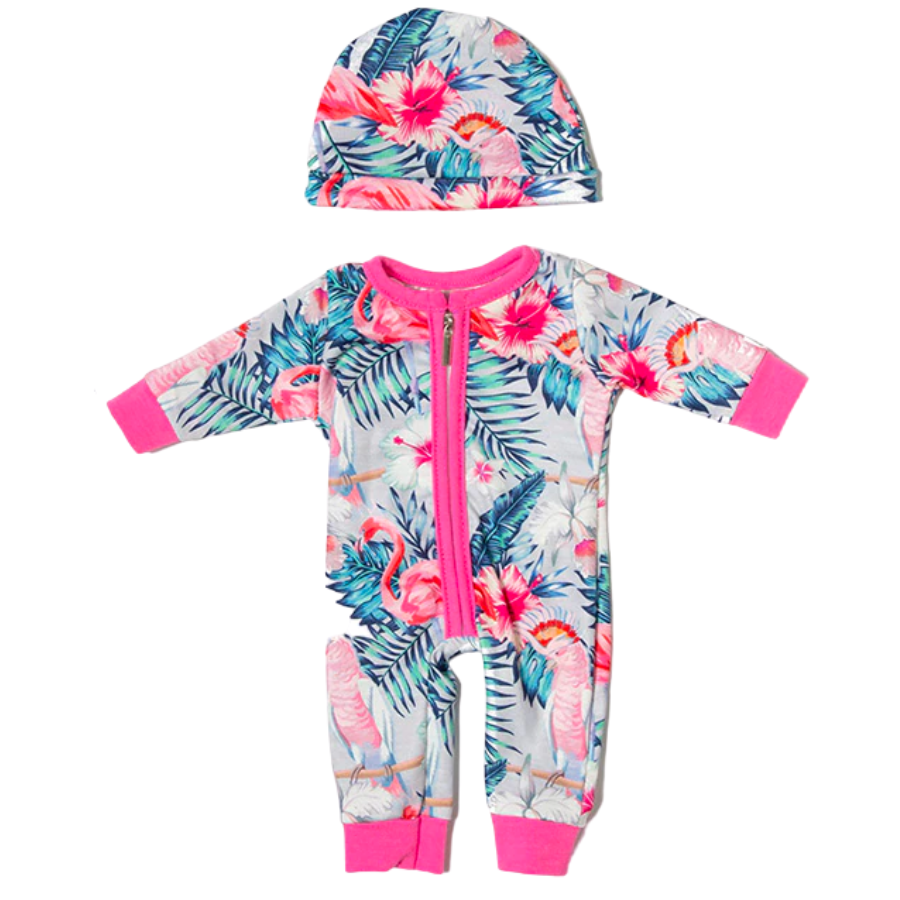 Light grey and hot pink long-sleeve boho floral romper with flamingos and fern leaves on it and a matching hat. Great for small dolls such as Baby Borns, Baby Alives, Berenguer Babies, and mini reborn dolls.