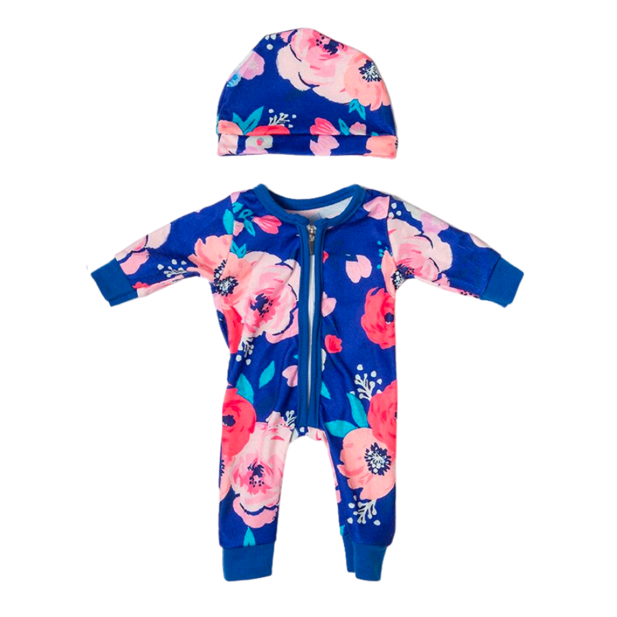 Blue long-sleeve boho floral romper with red and pink flowers on it and a matching hat.  Great for small dolls such as Baby Borns, Baby Alives, Berenguer Babies, and mini reborn dolls.