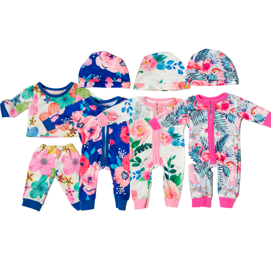 14-16" Preemie and Small Doll Floral Outfits for Reborn Babies. Zip-up rompers with matching hats as well as a two piece outfit.