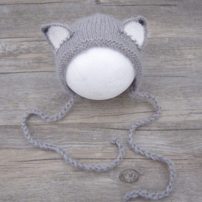 Grey fox bonnet for newborn and reborn photography.