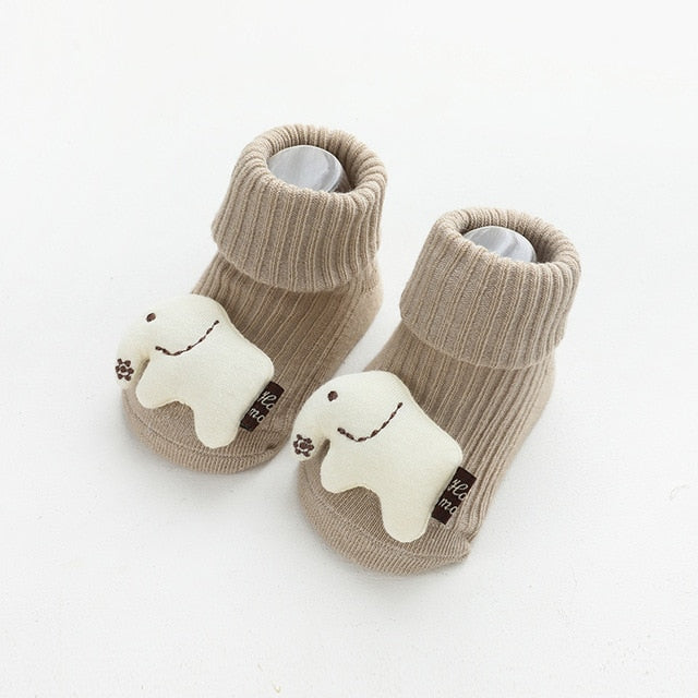 Khaki/Beige/Light Brown/Tan premium quality combed cotton socks with 3D white elephant stuffie on toes for reborn dolls, cuddle babies or newborns.