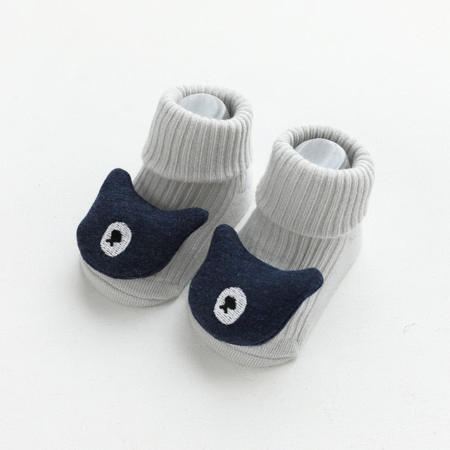 Light grey premium quality combed cotton socks with 3D blue bear stuffie on toes for reborn dolls, cuddle babies or newborns.