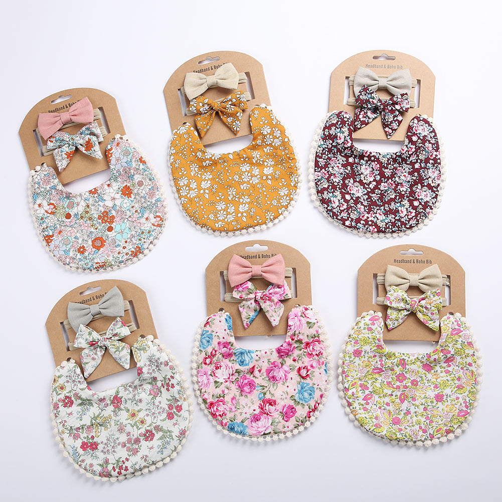 Reborn doll bibs and matching hair bow set for reborn baby girls, cuddle babies, and reborns. Handmade boho baby reversible bibs with crochet lace trim and two matching nylon bow headbands for newborn babies and reborn dolls.