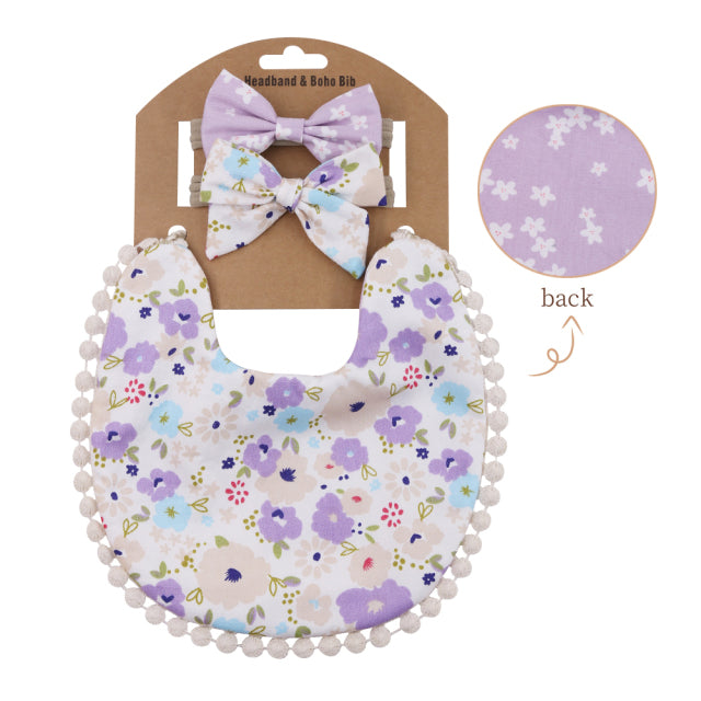 Lilac light purple and white and Floral Handmade boho bibs and matching hair bows for reborns, baby girls, reborn dolls, and cuddle babies.