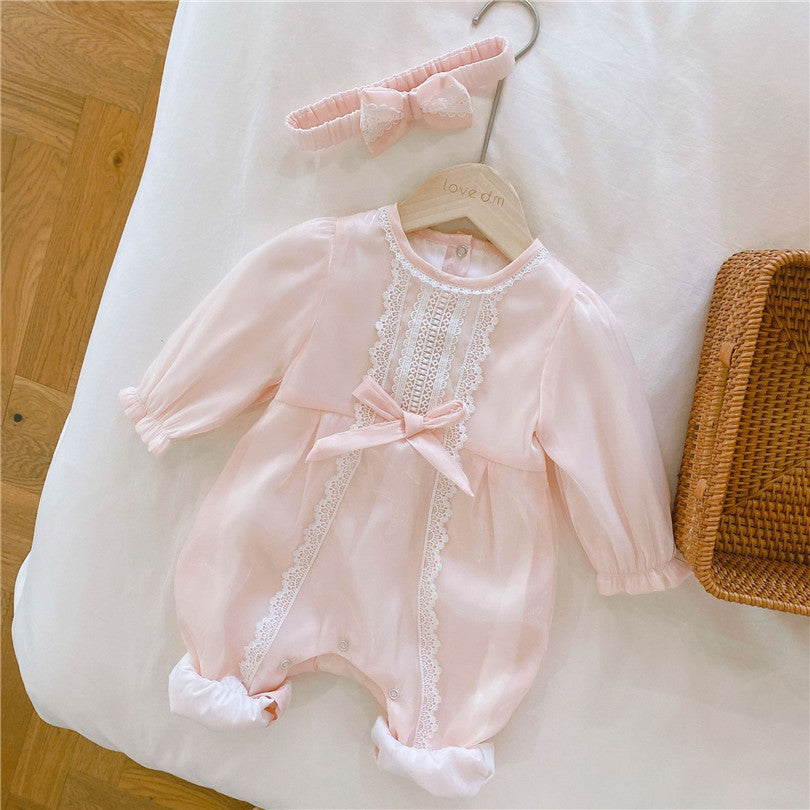 Pink longsleeve vintage Spanish baby romper with lace embroidery, silk bows, and matching headbands for reborn dolls, baby girls, newborns, and babies.